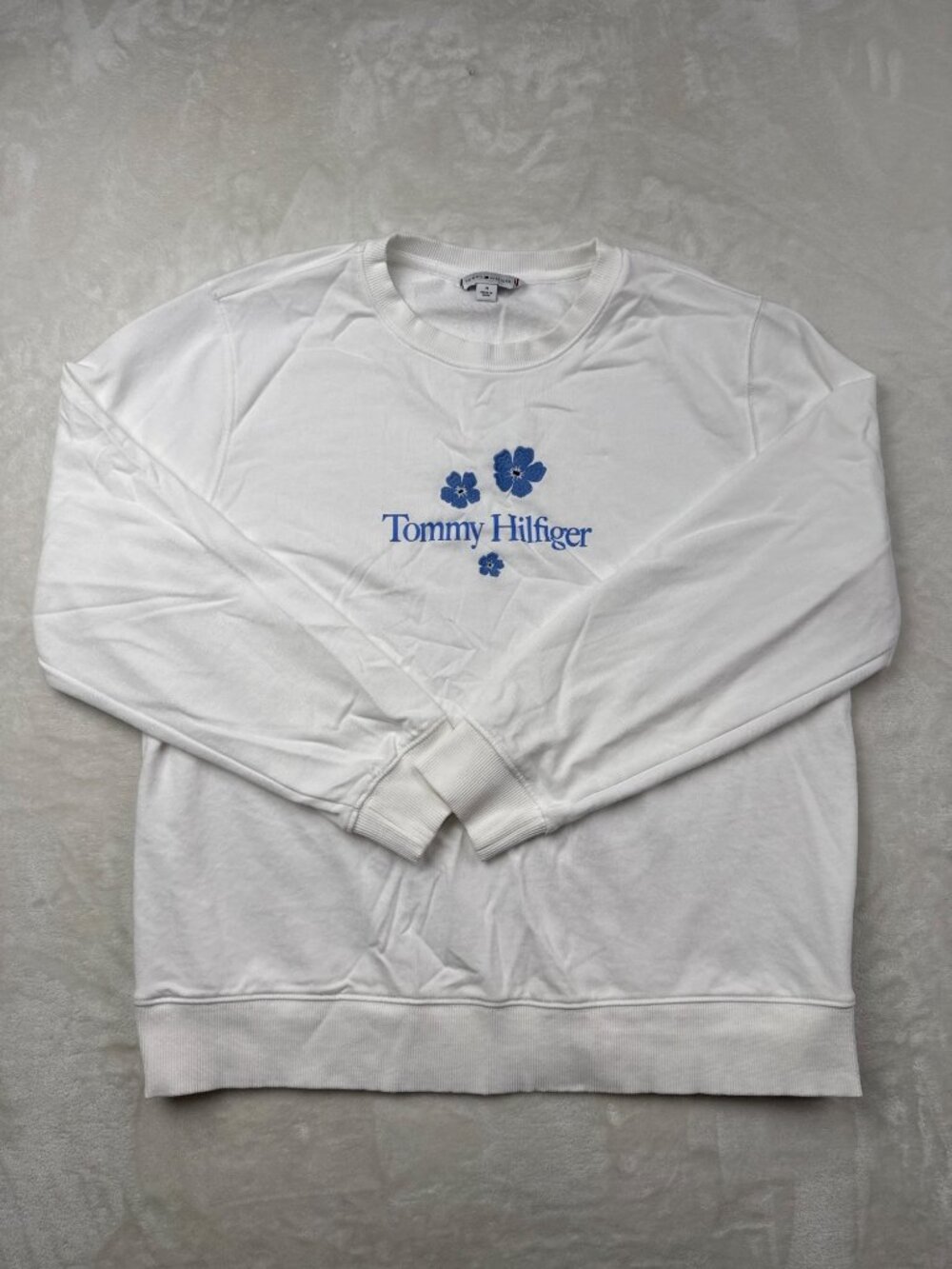 Tommy Hilfiger Womens White Crewneck Sweatshirt With Blue Floral Embroidery M